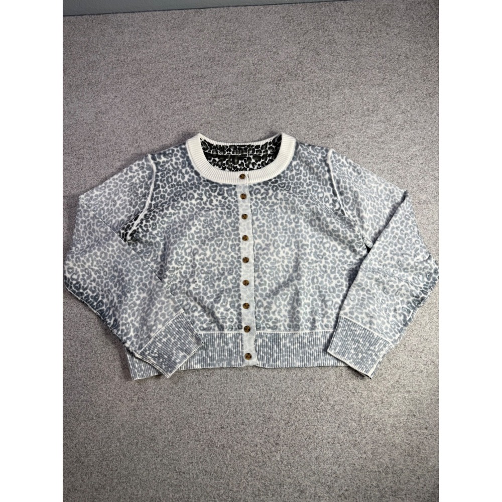 Grey White Leopard Print Button Front Knit Cardigan Sweater Small